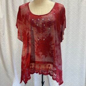 Live‎ and Let Live size 1X  Red Star Embellished festive July 4th patriotic lace